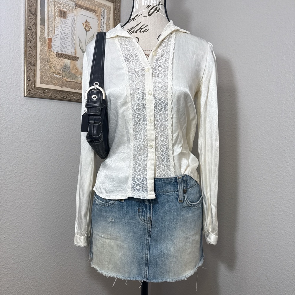 70s 80s Vintage Gunne Sax White Lace Trim Satin Button Up Women’s Size Small